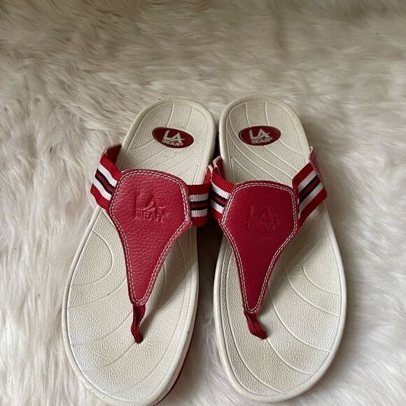 La Gear leather and fabric White,red and Blue t wedge thong sandals size… - Picture 7 of 8